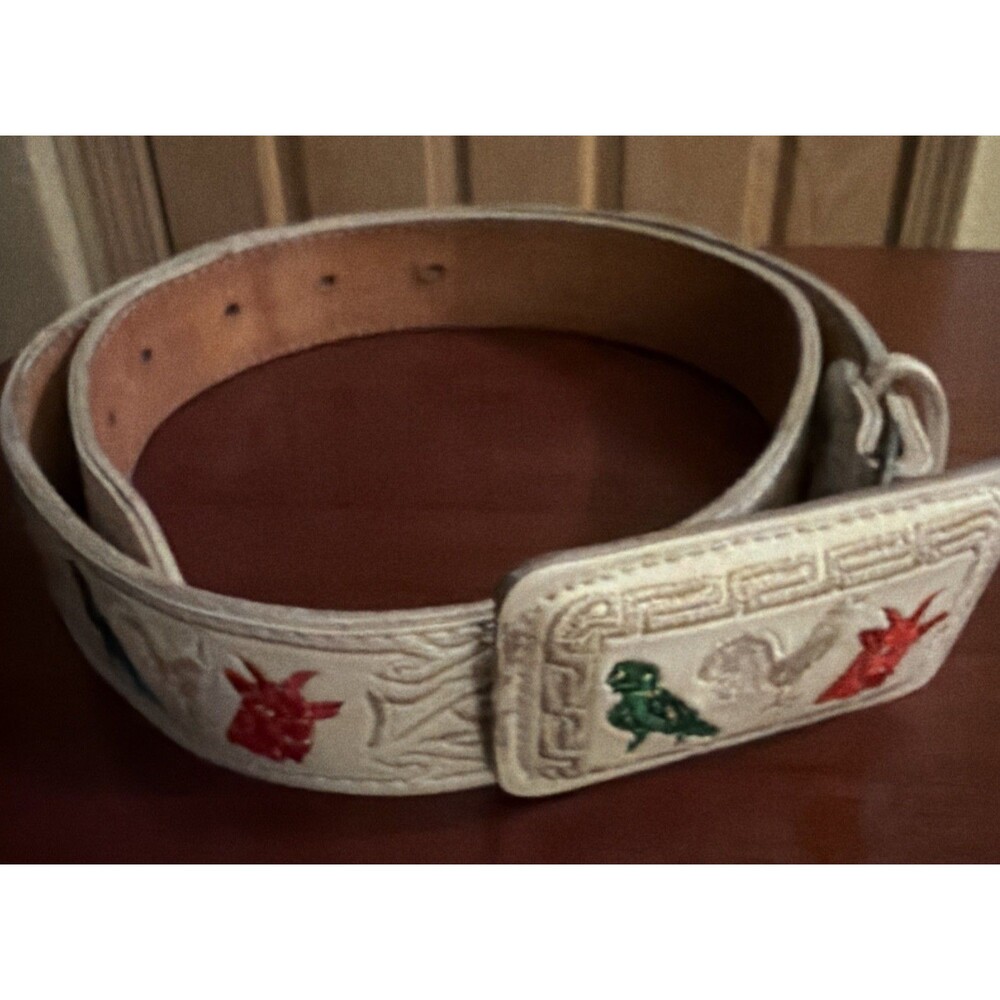 Mens 38 Mexican Piteado Embroidery Belt 100% Leather White/Roosters, Goat, Bird!